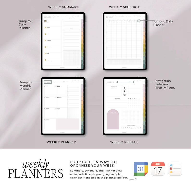 Peut inclure: Quatre mod&egrave;les de planificateur hebdomadaire avec des mises en page diff&eacute;rentes&nbsp;: R&eacute;sum&eacute; hebdomadaire, Horaire hebdomadaire, Planificateur hebdomadaire et R&eacute;flexion hebdomadaire. Chaque mod&egrave;le a un design color&eacute; avec un calendrier et un espace pour les notes. Le texte "planificateurs hebdomadaires" est en bas de l&rsquo;image.