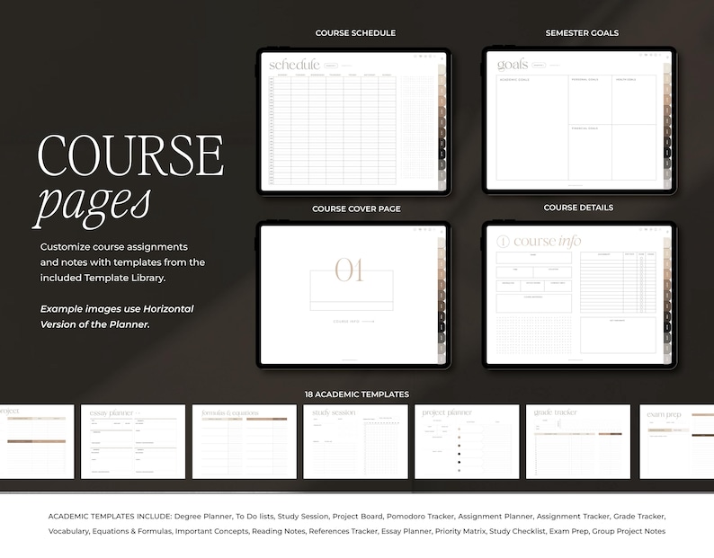 May include: Digital course planner with various templates displayed on tablets. The image showcases a course schedule, semester goals, course cover page, and course details. Text on the image reads "COURSE pages" and "Customize course assignments and notes with templates from the included Template Library."