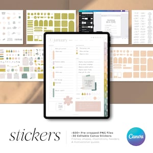 Peut inclure: Un planificateur num&eacute;rique avec un th&egrave;me de couleur rose clair et beige. Le planificateur a une page de calendrier pour janvier avec une liste de choses &agrave; faire et une section pour les notes. Le planificateur est entour&eacute; d'une vari&eacute;t&eacute; d'autocollants de diff&eacute;rentes formes, tailles et couleurs. Les autocollants comprennent des cadres, des formes, des illustrations, des en-t&ecirc;tes et des citations de motivation. Le texte "stickers" est &eacute;crit en grandes lettres grasses au bas de l'image. Le texte "600+ fichiers PNG pr&eacute;-recadr&eacute;s" et "30 autocollants Canva modifiables" est &eacute;galement &eacute;crit au bas de l'image. Le texte "Canva" est &eacute;crit dans un cercle blanc avec une bordure verte en bas &agrave; droite de l'image.