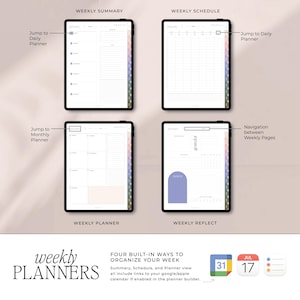May include: Four digital weekly planner pages with tabs for daily, monthly, weekly, and reflection. The pages are designed with a minimalist aesthetic and feature a light pink and blue color scheme. The pages include sections for tasks, notes, and goals.