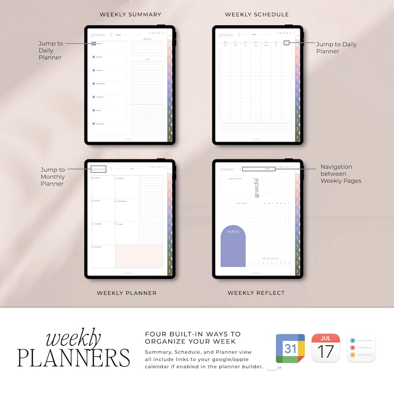 May include: Four digital weekly planner pages with tabs for daily, monthly, weekly, and reflection. The pages are designed with a minimalist aesthetic and feature a light pink and blue color scheme. The pages include sections for tasks, notes, and goals.