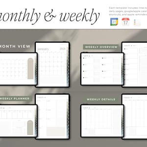 Op de afbeelding: Digitale plantemplates op tablets. De afbeelding toont maandelijkse en wekelijkse lay-outs, inclusief maandoverzichten, wekelijkse overzichten, weekplanners en details. De tekst bevat "monthly & weekly" en kalenderherinneringen.