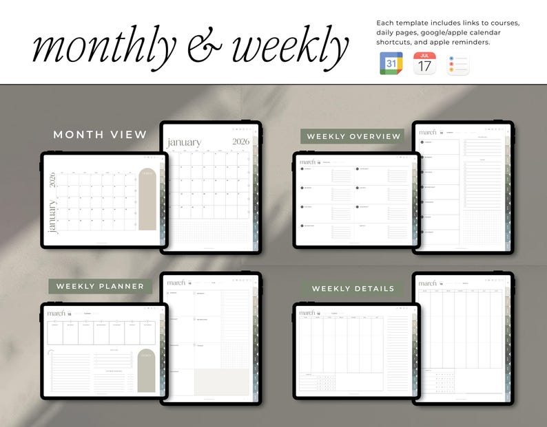 Op de afbeelding: Digitale plantemplates op tablets. De afbeelding toont maandelijkse en wekelijkse lay-outs, inclusief maandoverzichten, wekelijkse overzichten, weekplanners en details. De tekst bevat "monthly & weekly" en kalenderherinneringen.