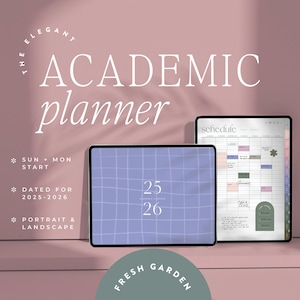 Op de afbeelding: Twee digitale academische planners, één met een blauw rasterontwerp en de andere met een schema-indeling. De tekst op de afbeelding luidt "The Elegant Academic Planner" en "Dated for 2025-2026". De achtergrond is zachtroze.