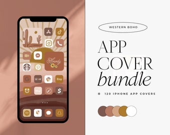 May include: A digital illustration of a phone screen with a Western Boho theme. The screen shows a variety of app icons with a desert sunset background. The text "Howdy" is featured on one of the icons. The text "WESTERN BOHO APP COVER bundle * 120 IPHONE APP COVERS" is displayed below the phone screen.