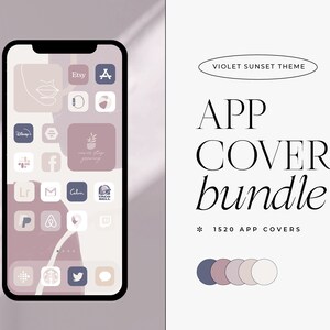 May include: A phone screen mockup with a violet sunset theme app cover bundle. The phone screen shows a variety of app icons with a violet sunset color scheme. The text "VIOLET SUNSET THEME" and "APP COVER bundle" is displayed above the phone screen. The text "* 1520 APP COVERS" is displayed below the phone screen. A color palette of five colors is displayed below the text.