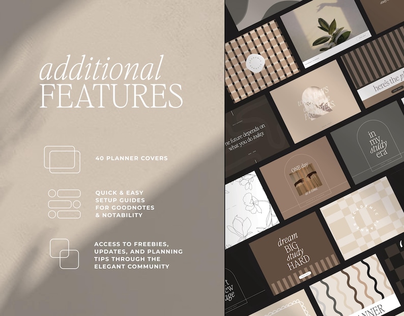 May include: A digital planner product display with a beige background. The text "additional FEATURES" is at the top. The image shows 40 planner covers, setup guides, and access to freebies. The planner covers have a variety of designs and colors.