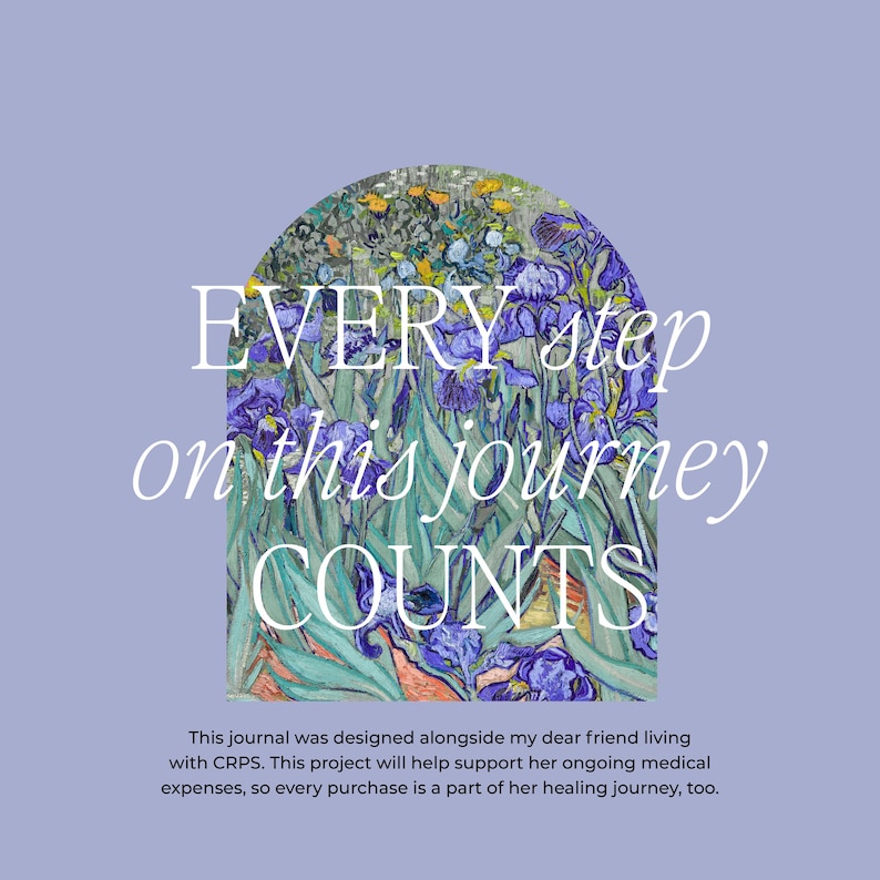 Op de afbeelding: Een journal cover met een bloemenontwerp met irissen in paars, groen en geel, tegen een lichtpaarse achtergrond. De tekst "EVERY step on this journey COUNTS" wordt in het wit weergegeven.