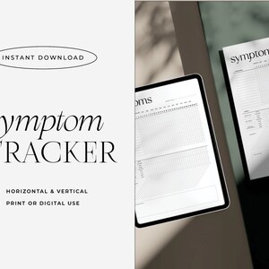 May include: A digital printable symptom tracker with a black and white design. The tracker is labeled "symptoms" and has a grid for tracking symptoms over time. The tracker can be used for both horizontal and vertical tracking and can be printed or used digitally.