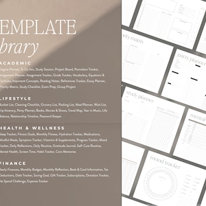 May include: A template library graphic with a list of academic, lifestyle, health & wellness, and finance templates. The templates include degree planners, study trackers, and mood trackers. Several blank planner pages are visible in the background.