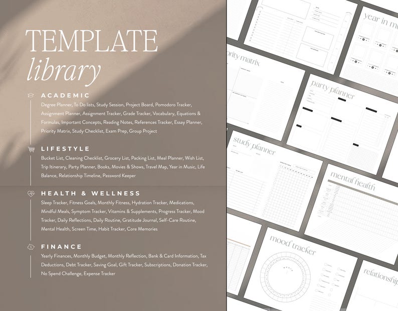 May include: A template library graphic with a list of academic, lifestyle, health & wellness, and finance templates. The templates include degree planners, study trackers, and mood trackers. Several blank planner pages are visible in the background.