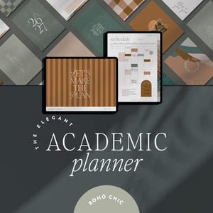Può includere: Un'elegante agenda accademica con un tema Boho Chic. L'immagine presenta due tablet che mostrano layout di pianificazione, con il testo "LET'S MAKE THE PLAN" e "schedule". Vari articoli di cancelleria sono disposti sullo sfondo.