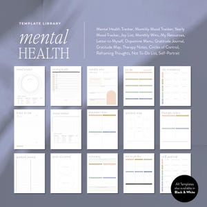 Op de afbeelding: Een verzameling afdrukbare sjablonen voor geestelijke gezondheid, waaronder stemmingsvolgers, dankbaarheidsdagboeken en therapiememo's. De sjablonen hebben een minimalistisch ontwerp met een witte achtergrond en zachte kleuraccenten. De tekst "mental HEALTH" staat prominent.