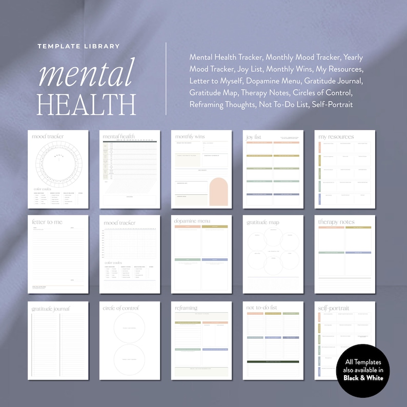 Op de afbeelding: Een verzameling afdrukbare sjablonen voor geestelijke gezondheid, waaronder stemmingsvolgers, dankbaarheidsdagboeken en therapiememo's. De sjablonen hebben een minimalistisch ontwerp met een witte achtergrond en zachte kleuraccenten. De tekst "mental HEALTH" staat prominent.