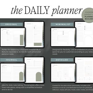 Op de afbeelding: Een digitale planner met vier lay-outopties: Origineel, Minimalistisch, Journal en Gedetailleerd. Elke lay-out wordt weergegeven op een tablet, met de tekst "the DAILY planner" bovenaan. De planner is voor dagelijkse notities en planning.
