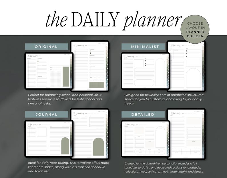 Op de afbeelding: Een digitale planner met vier lay-outopties: Origineel, Minimalistisch, Journal en Gedetailleerd. Elke lay-out wordt weergegeven op een tablet, met de tekst "the DAILY planner" bovenaan. De planner is voor dagelijkse notities en planning.