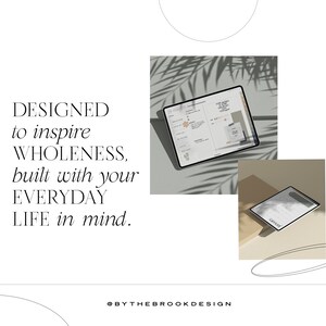 Peut inclure: Un planificateur num&eacute;rique avec un fond blanc et du texte noir. Le planificateur est ouvert &agrave; une page avec un calendrier et une liste de choses &agrave; faire. Le texte "DESIGNED to inspire WHOLENESS, built with your EVERYDAY LIFE in mind." est affich&eacute; sur le c&ocirc;t&eacute; gauche de l'image. Le texte "@BYTHEBROOKDESIGN" est affich&eacute; en bas de l'image.