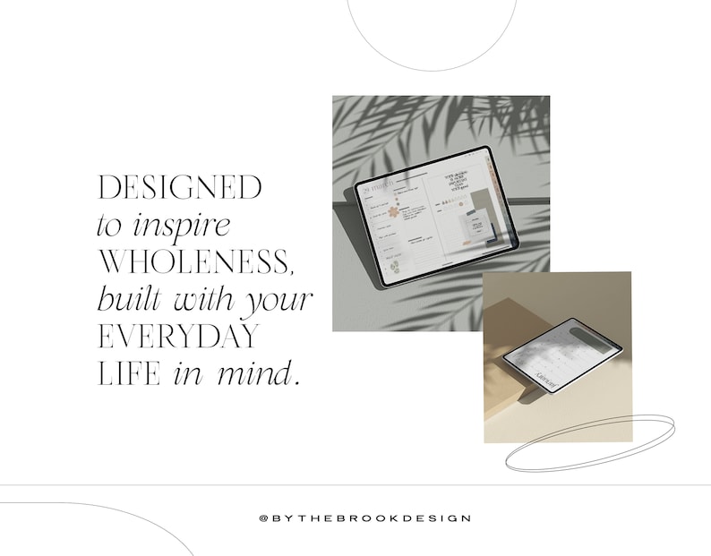 Peut inclure: Un planificateur num&eacute;rique avec un fond blanc et du texte noir. Le planificateur est ouvert &agrave; une page avec un calendrier et une liste de choses &agrave; faire. Le texte "DESIGNED to inspire WHOLENESS, built with your EVERYDAY LIFE in mind." est affich&eacute; sur le c&ocirc;t&eacute; gauche de l'image. Le texte "@BYTHEBROOKDESIGN" est affich&eacute; en bas de l'image.
