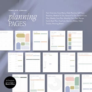 Op de afbeelding: Een verzameling afdrukbare planningspagina's met een zacht, neutraal kleurenpalet. De pagina's bevatten sjablonen voor jaaroverzicht, dagelijkse routines, zorgplannen en meer. De tekst "planning PAGES" staat bovenaan, met een lijst met meegeleverde sjablonen. Ook verkrijgbaar in zwart-wit.