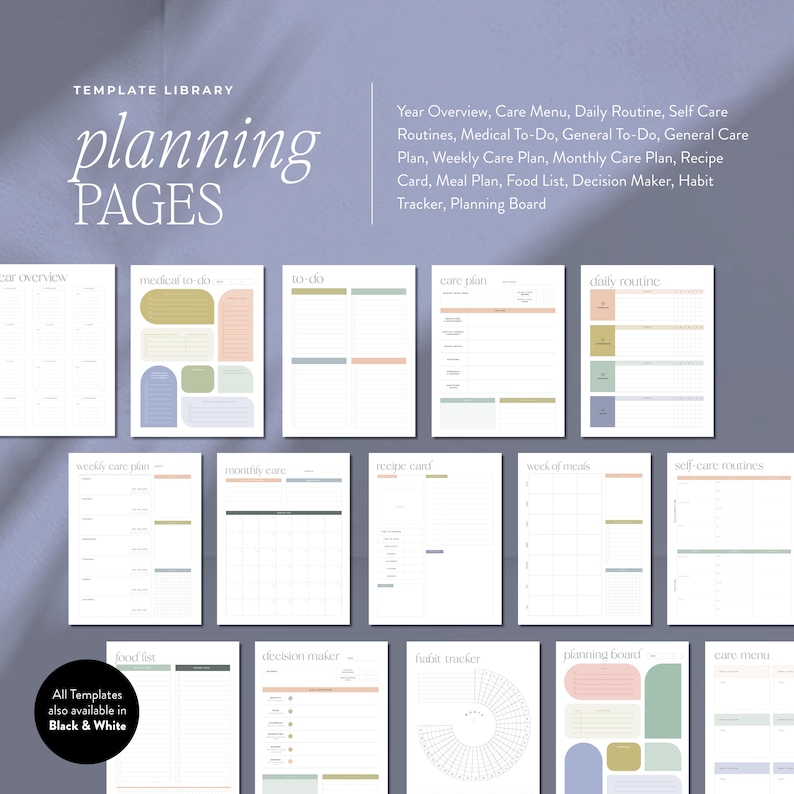 Op de afbeelding: Een verzameling afdrukbare planningspagina's met een zacht, neutraal kleurenpalet. De pagina's bevatten sjablonen voor jaaroverzicht, dagelijkse routines, zorgplannen en meer. De tekst "planning PAGES" staat bovenaan, met een lijst met meegeleverde sjablonen. Ook verkrijgbaar in zwart-wit.