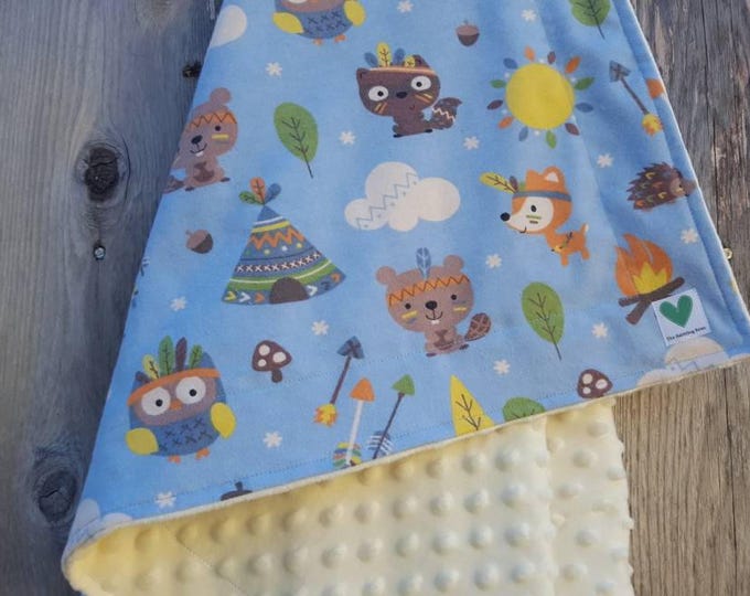 Minky baby blanket-gender neutral baby blanket-flannel baby blanket-forest animals baby blanket-unique baby gift-ivory dimple dot minky