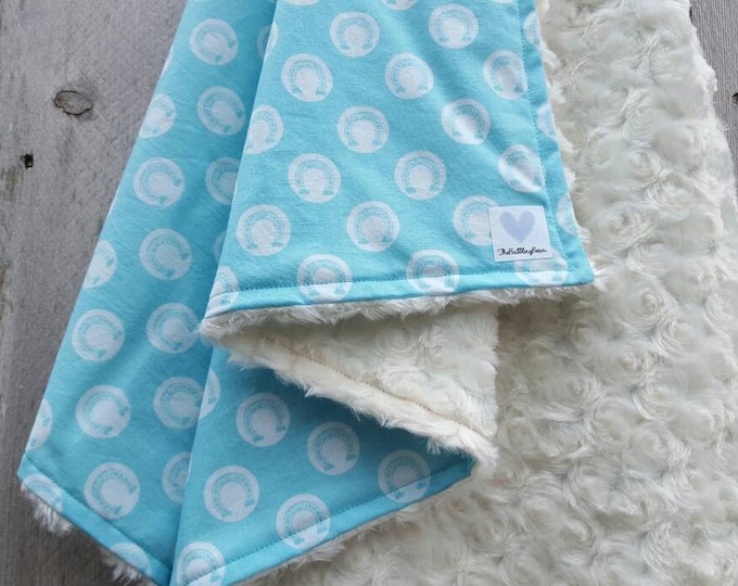 Light turquoise horseshoe baby blanket-ivory rosebud minky-gender neutral baby blanket-western turquoise nursery-shower gift-cotton blanket