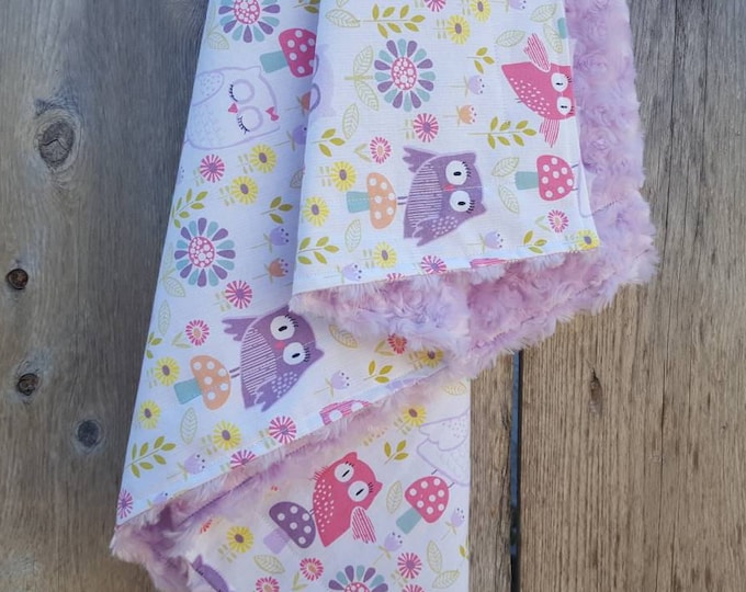 Baby girl blanket-lavendar rosebud minky-pink and lavender owls nursery-cotton baby blanket-shower gift-newborn baby girl blanket