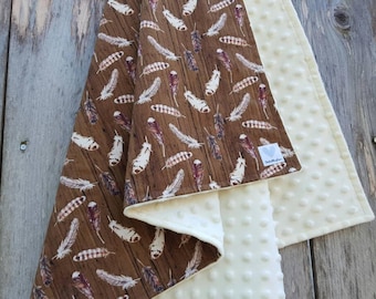 Rustic Feather Baby Blanket – Cotton & Ivory Minky, Shower Gift