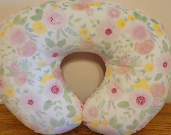Nursing pillow cover-flowers pillow cover-elegant soft minky pillow cover-pink dimple dot minky-newborn pillow cover-ready to ship