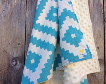 Blue Southwestern Baby Blanket – Minky Dot, Cotton Tribal Design