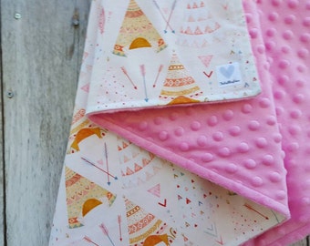 Southwestern baby girl blanket-arrows and tee pee blanket-shower gift-modern baby blanket-cotton and minky-pink blanket