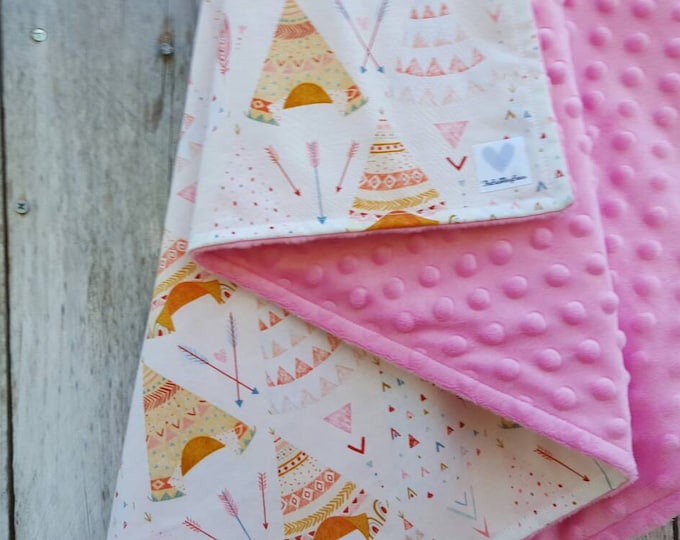 Southwestern baby girl blanket-arrows and tee pee blanket-shower gift-modern baby blanket-cotton and minky-pink blanket
