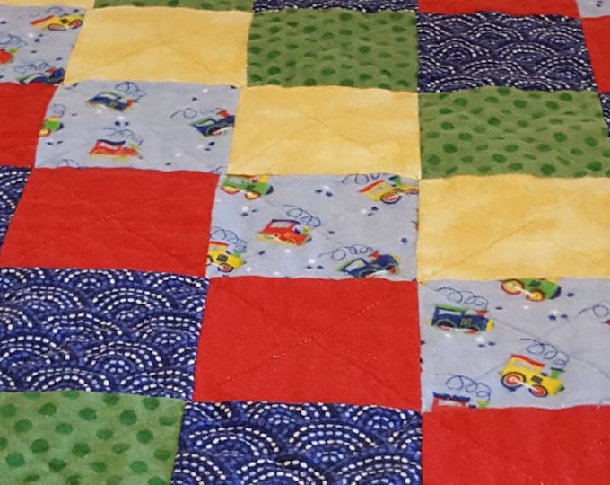 Train baby quilt-primary colors baby quilt-Baby boy quilt-flannel baby quilt-minky baby quilt-shower gift-red dimple dot minky-unique gift