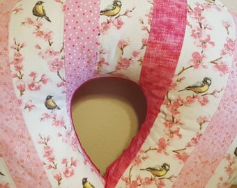 Minky nursing pillow cover-baby girl pillow cover-pink flowers and birds-cotton and flannel fabric-quilted pillow cover-bright pink minky