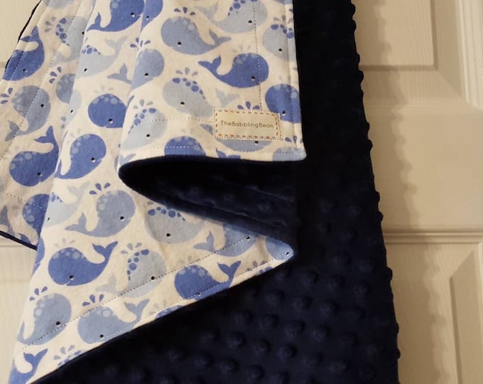 Minky baby blanket-whale baby blanket-flannel baby blanket-shower gift-newborn baby blanket-baby boy blanket-navy blue dimple dot minky