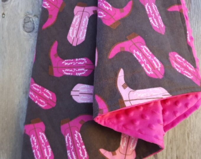 Minky baby blanket-cowgirl baby blanket-cowgirl boots blanket-pink and Brown baby blanket-flannel baby blanket-bright pink dimple dot minky