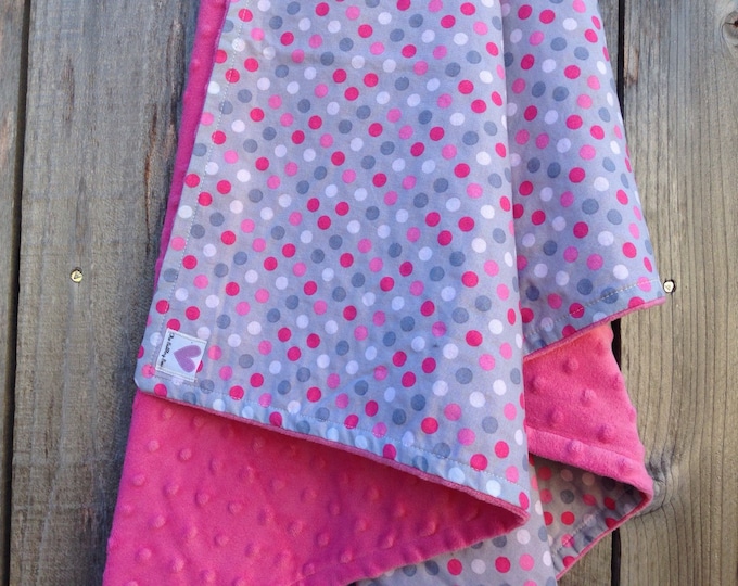 Pink and grey baby girl blanket - baby girl polka dot blanket - pink and grey baby blanket - minky baby blanket