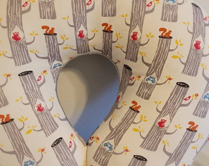 Nursing pillow cover-woodland pillow cover-soft gray minky-owls-squirrels-tree stump-birds-ready to ship-cotton knit pillow cover
