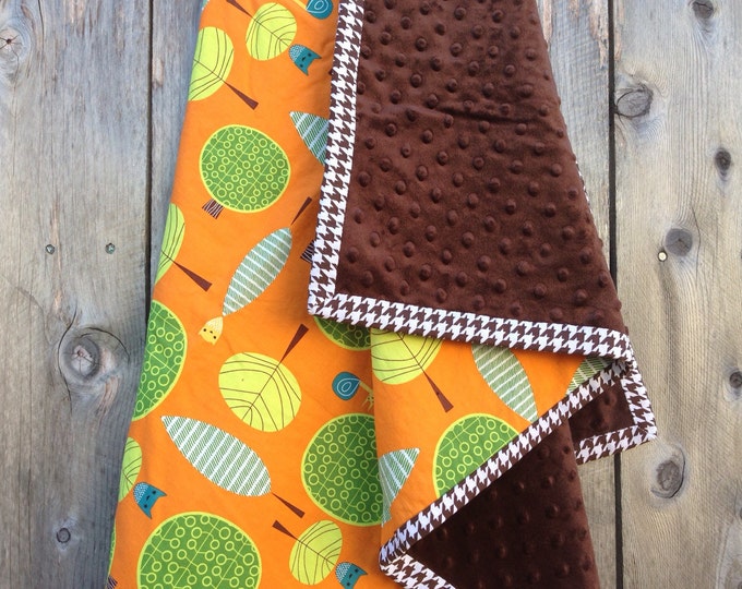 Modern baby blanket - Baby boy owl blanket - Orange trees and owls baby blanket - brown minky baby blanket