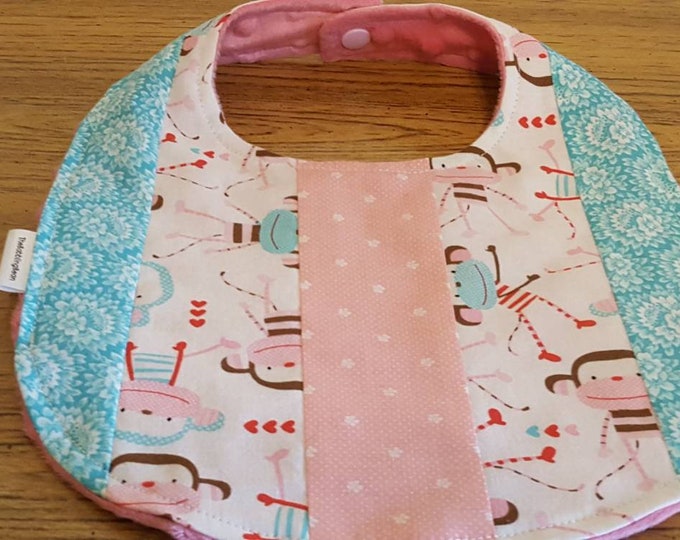 Monkey baby bib-Baby girl bib-cotton bib-minky baby bib-pink and turquoise baby bib-shower gift-Ready to ship-free shipping in USA