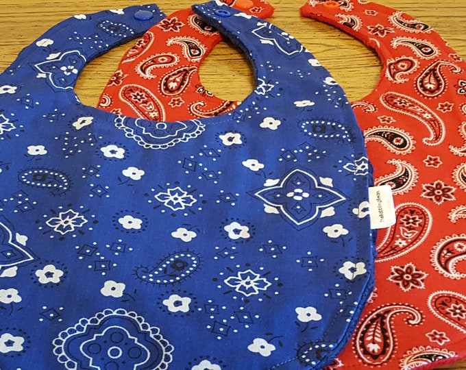 Set of 2 baby bibs-bandana baby bibs-cowboy baby bibs-navy blue and red bandana bibs-cotton baby bibs-minky baby bibs-shower gift
