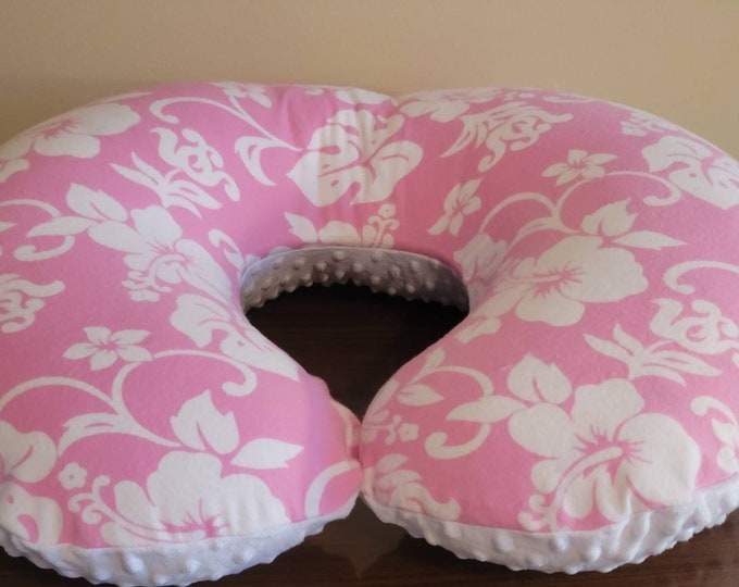 Nursing pillow cover-Hawaiian pillow cover-pink flannel fabric-hibiscus white flowers-newborn pillow cover-unique Hawaiian baby gift