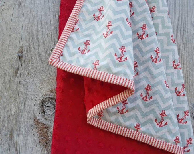 Blue chevron anchor baby blanket-blue and red chevron blanket-baby shower gift-red minky baby blanket-cotton blanket-unisex baby blanket