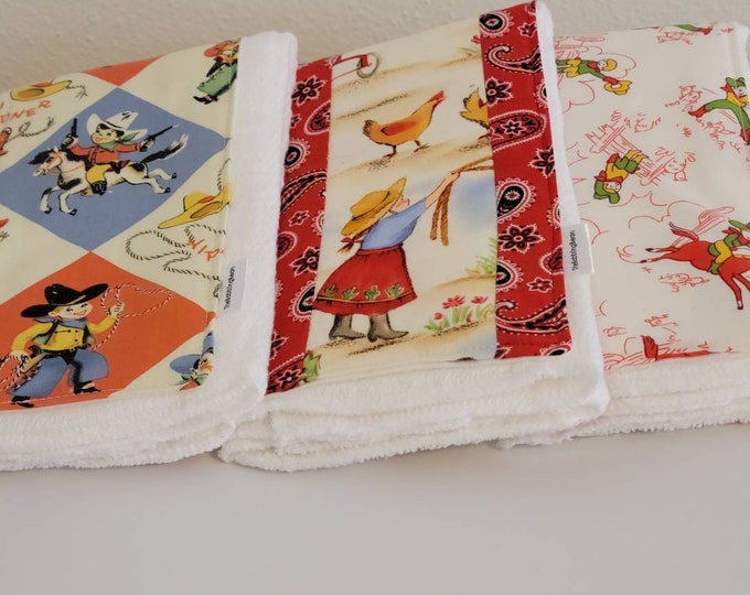 Set of three burp cloth-cowboy burp cloth-diaper burp cloth-cotton burp cloth-shower gift-Gerber diaper burp cloth-free shipping in the USA