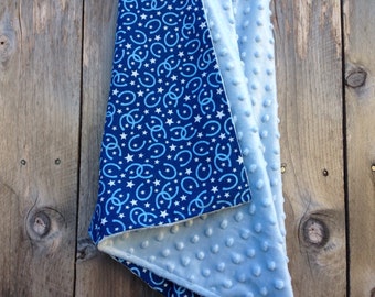 Blue Horseshoe Baby Blanket – Cotton & Minky, Baby Shower Gift