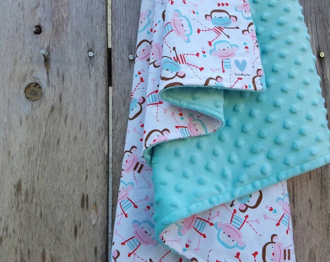 Baby girl blanket-monkey nursery-pink and turquoise monkey blanket-girl shower gift-turquoise dimple dot minky-infant monkey blanket