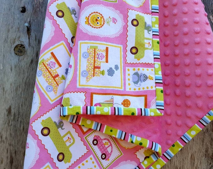 Baby girl blanket-giraffes elephants monkeys baby blanket-cotton girl blanket-Baby girl shower gift-pink dimple dot minky-trains blanket