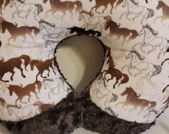 Nursing pillow cover-wild horses pillow cover-chocolate swirl minky-flannel fabric pillow cover-ready to ship-newborn pillow cover