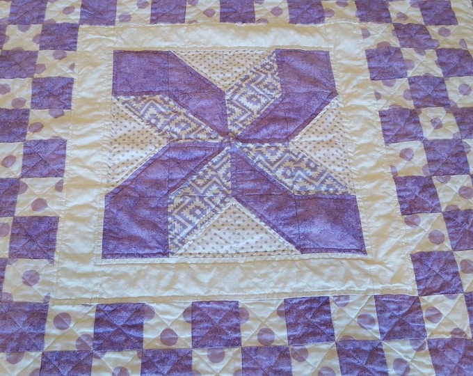 Baby quilt-faux fur baby girl quilt-lavender baby quilt-shower gift-lavender and white nursery-ready to ship-lavender polka dot quilt