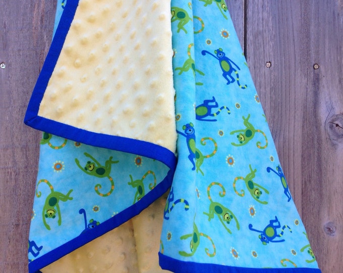 Modern baby blanket - Baby boy blanket - Monkey baby blanket - Blue baby blanket - Minky baby blanket-shower gift-ready to ship